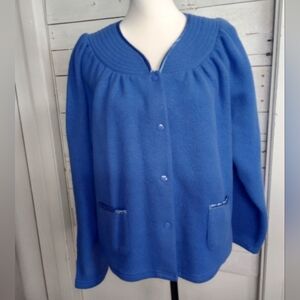 Loti Bed Jacket Ladies Button Up Soft Fleece Satin Trim Housecoat Blue Medium